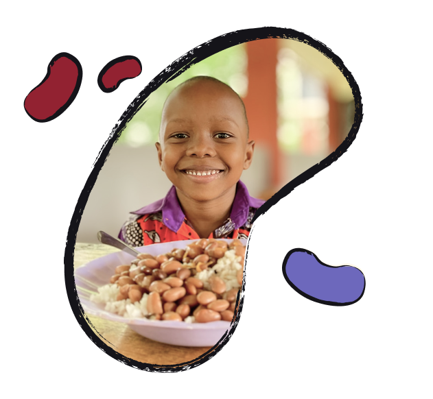 Child framed by colorful bean-shaped graphics